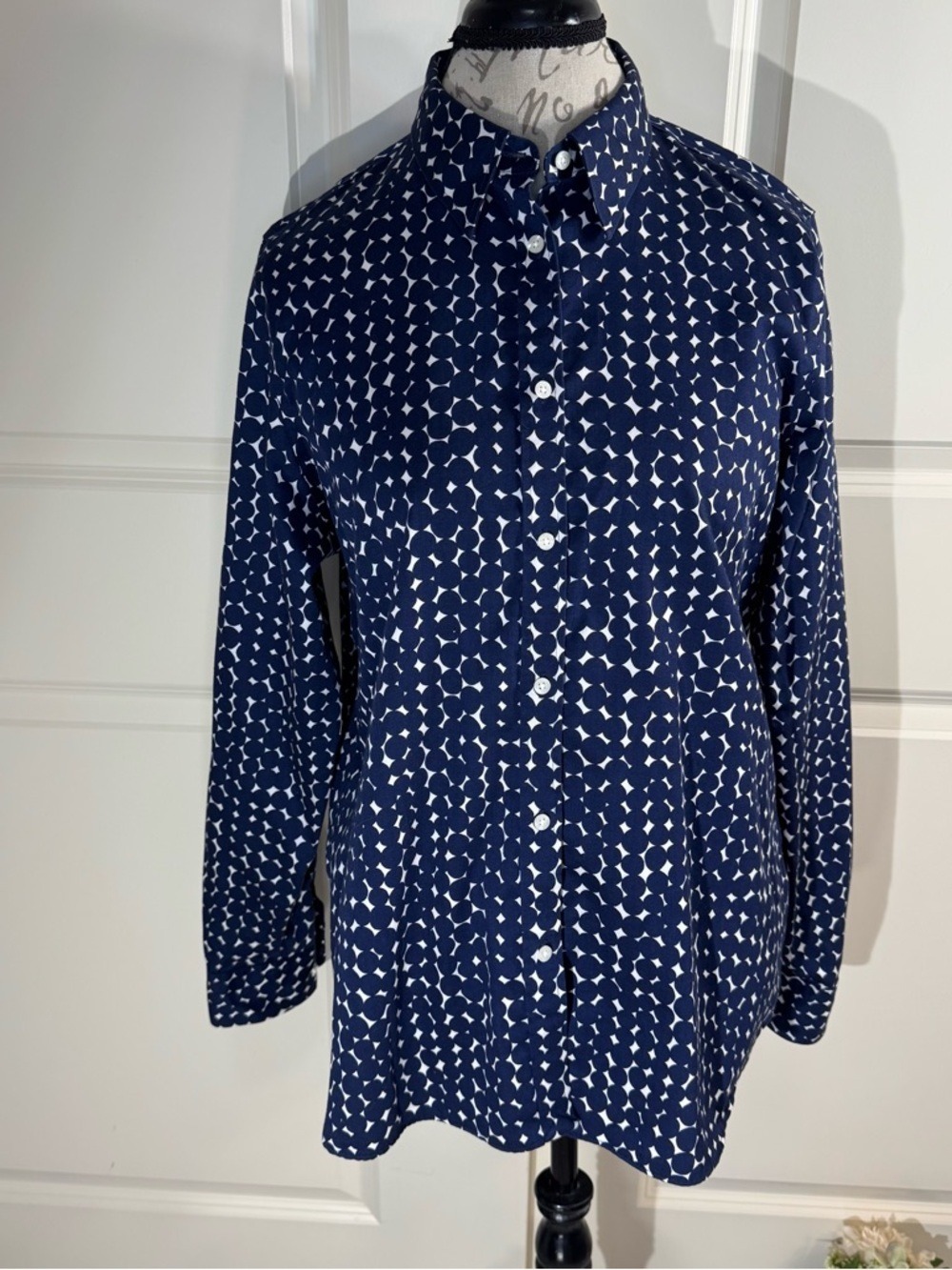 Chaps Navy Blue Polka Dot Button-Up No Iron Shirt XL
